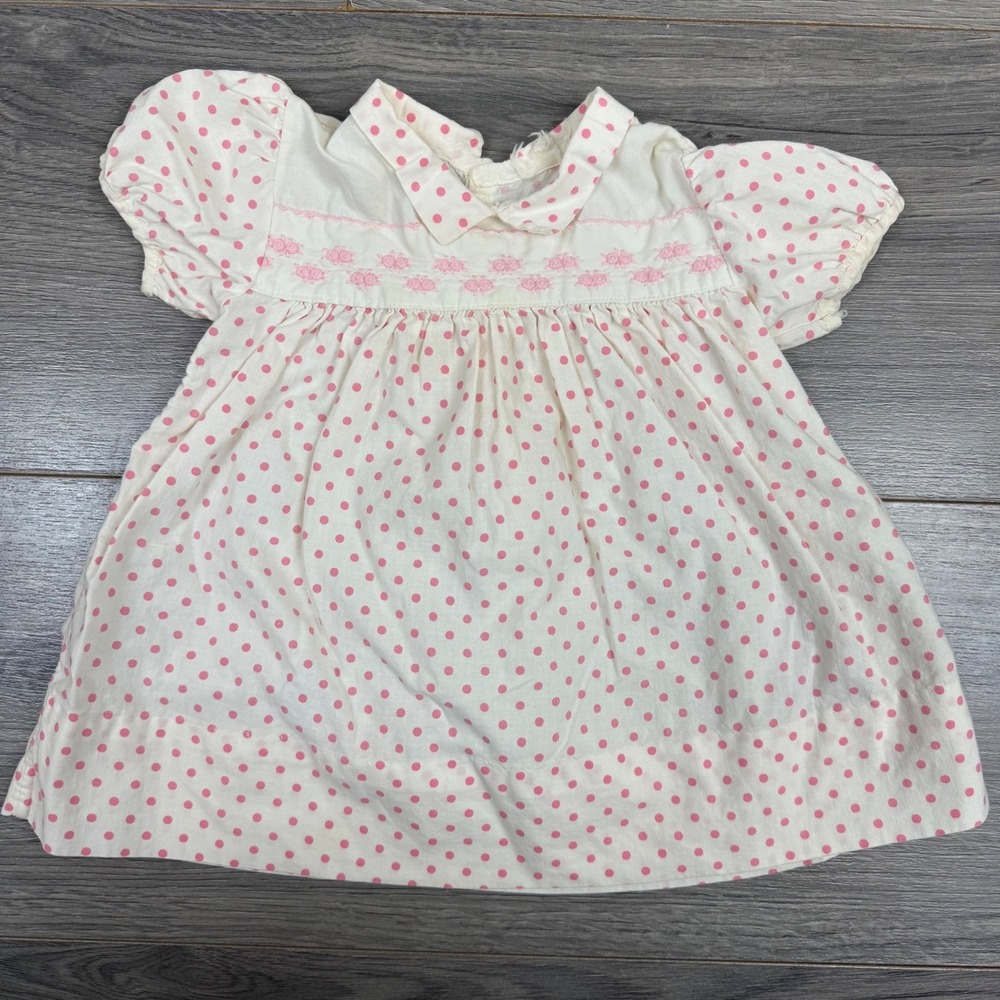 Vintage Baby Dress 3–6M‎ Pink Polka Dot Puff Sleeve Embroidered 70s 80s Heirloom